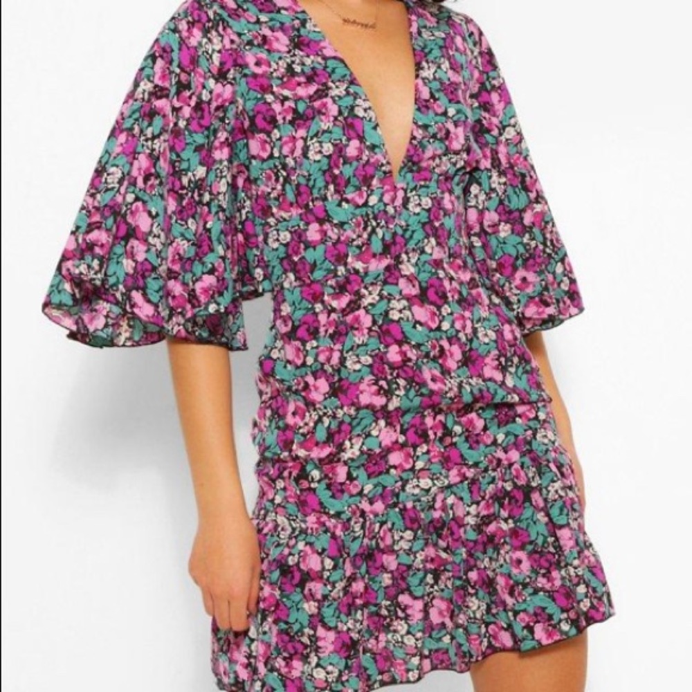 BOOHOO angel sleeves mini dress in pink/flower